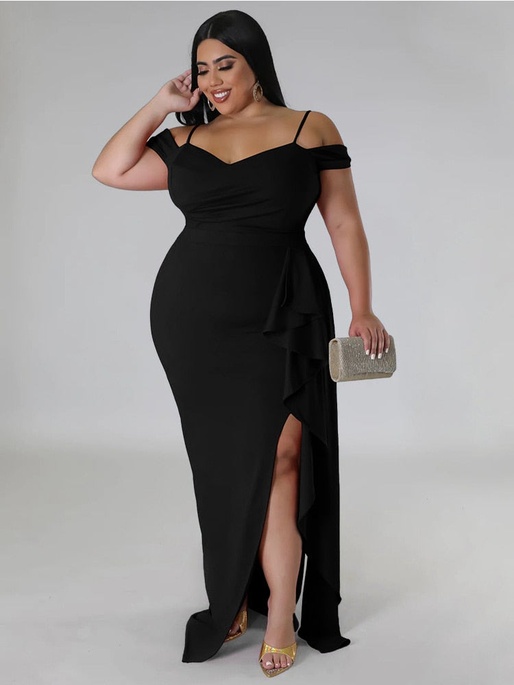 Cassidy Ruffle Slit Dress - Black / L