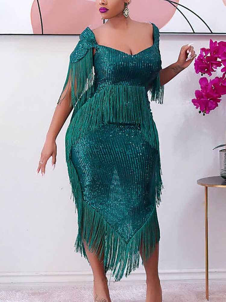 Rebecca Tassel Dress - Green / L