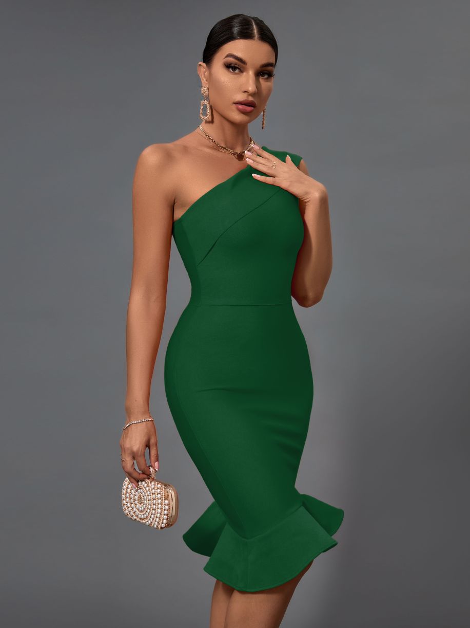 Clover One Shoulder Bandage Dress - Green / XS
