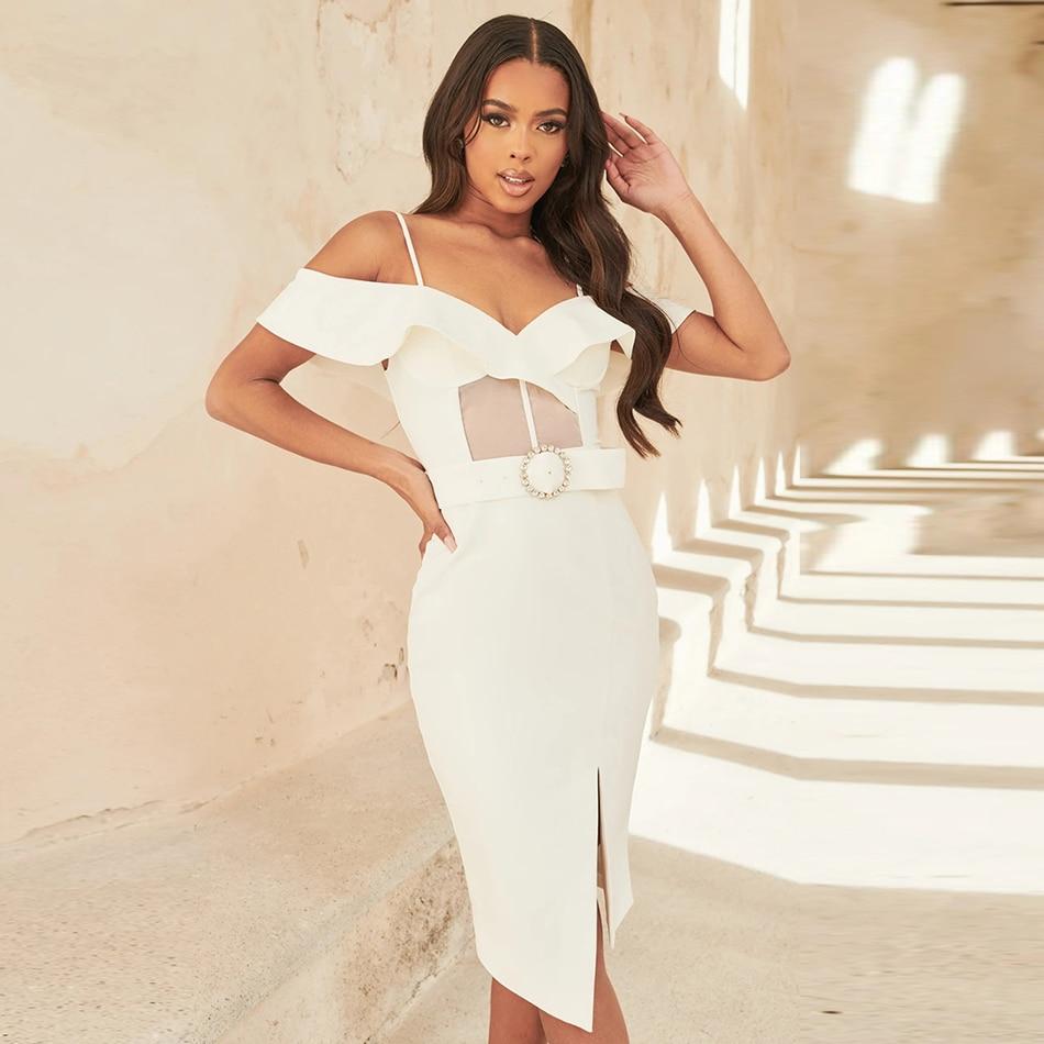 White Princess Lace Midi Bandage Dress - dresses