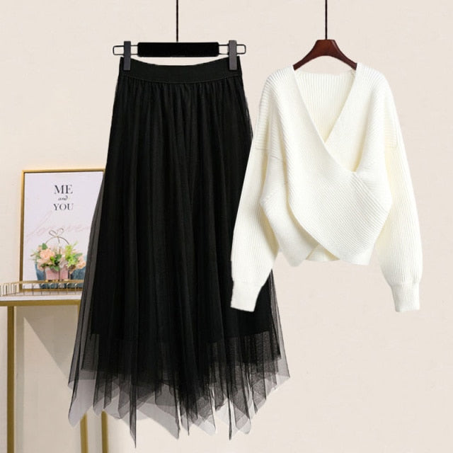 Pixie Knitted Mesh Skirt Set - White Top Skirt / XXL - two