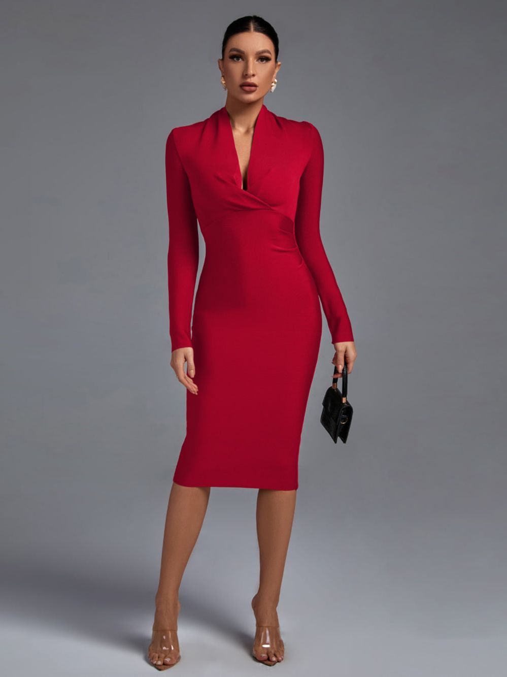 Agatha Low V Bandage dress - Red / XS