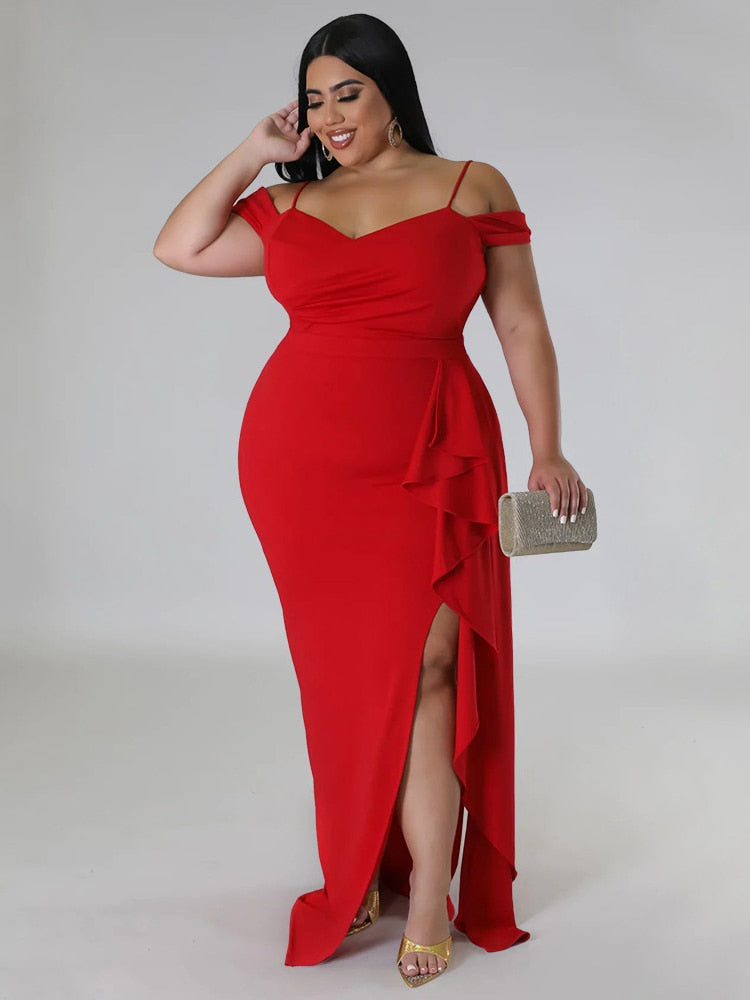 Cassidy Ruffle Slit Dress - Red / L