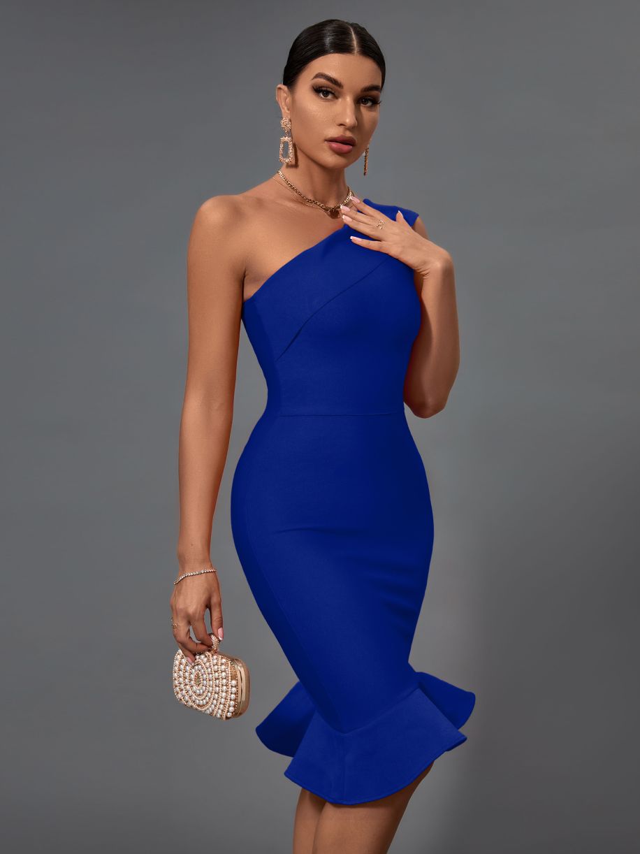 Clover One Shoulder Bandage Dress - Blue / XS