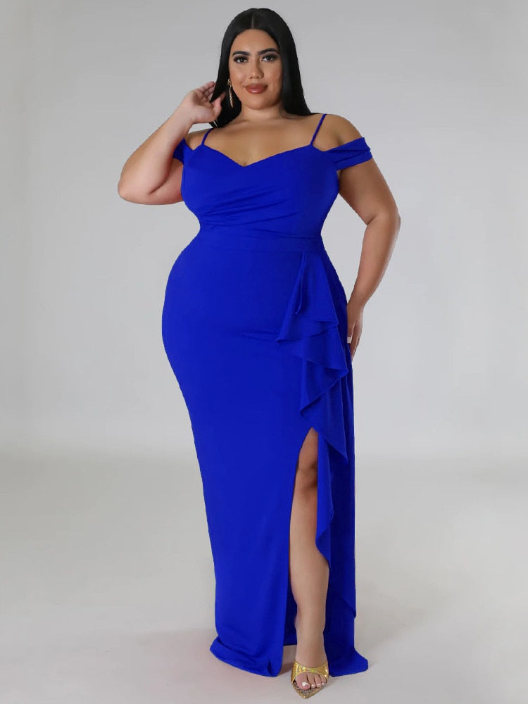 Cassidy Ruffle Slit Dress - Blue / L