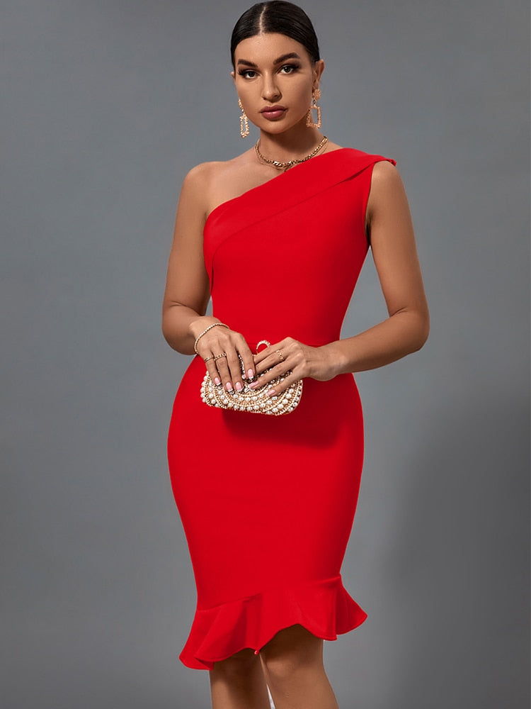 Clover One Shoulder Bandage Dress - Red / XS