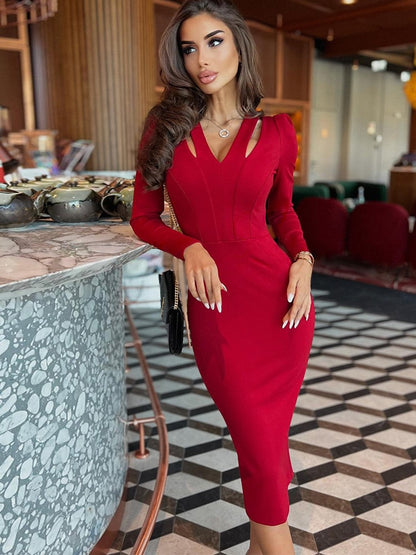 Evelyne Long Sleeve Bandage Dress - Red / S