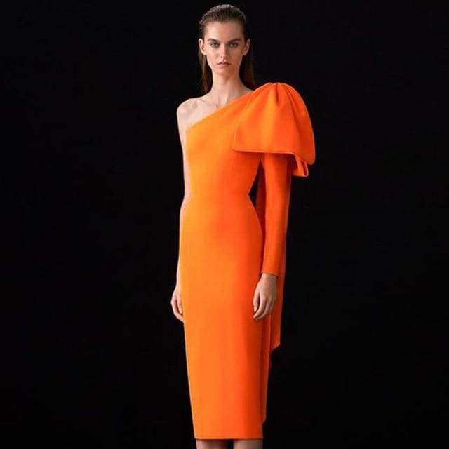 One Shoulder Bow Bandage Dress - Orange Bandage Dress / S -