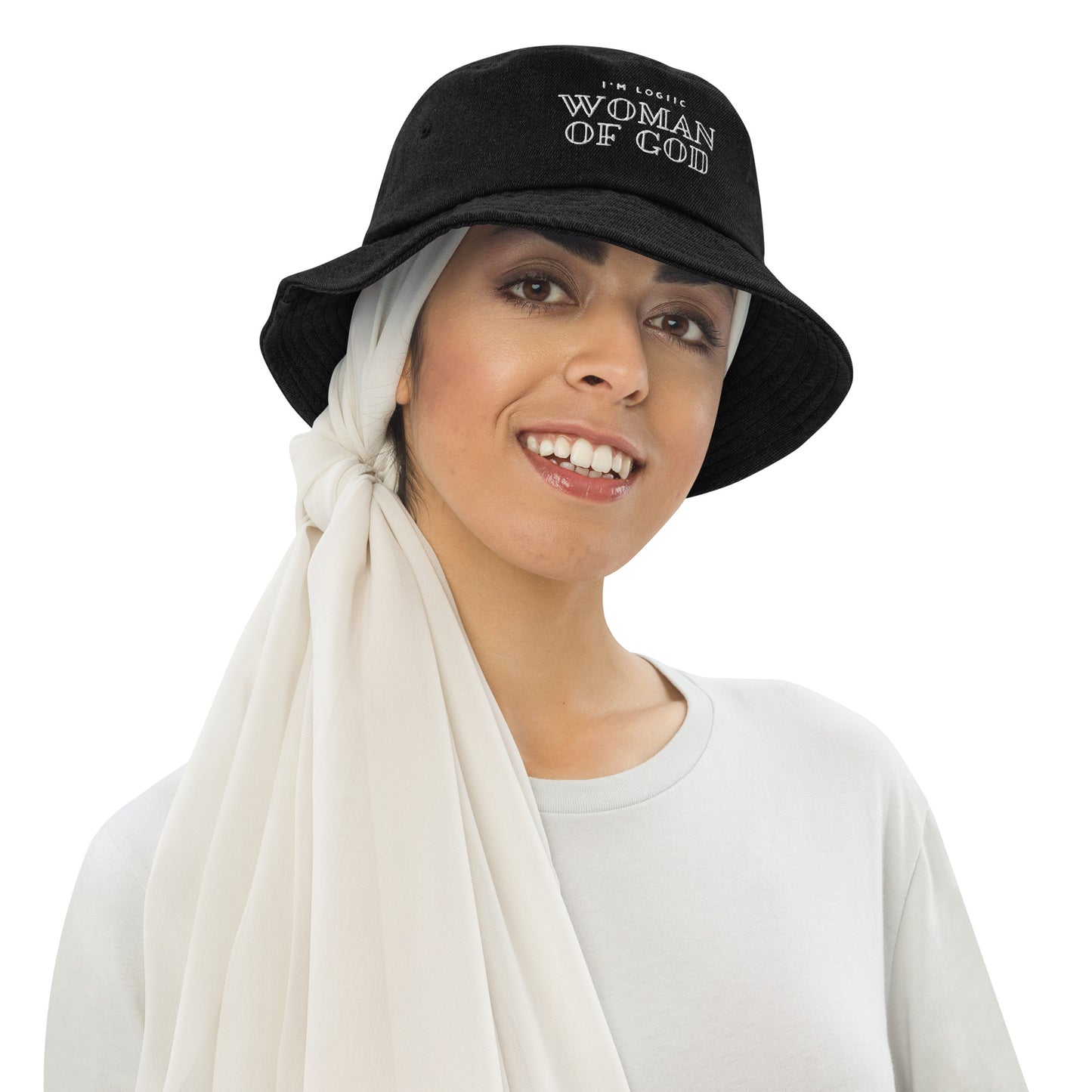 Woman of God Embroidered Denim bucket hat - Black Denim -