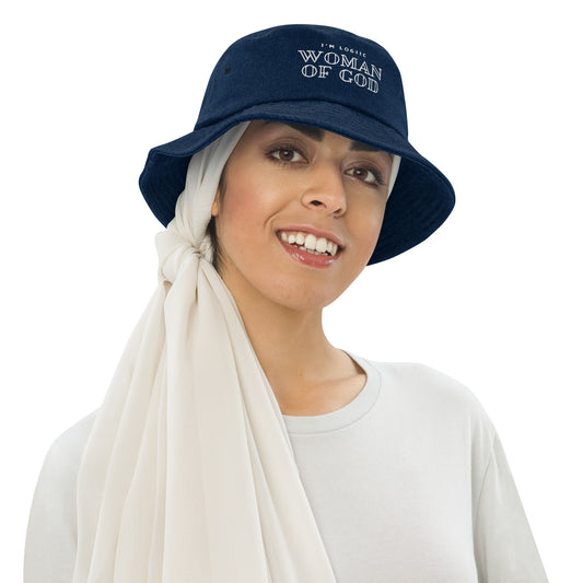 Woman of God Embroidered Denim bucket hat - Classic Denim -