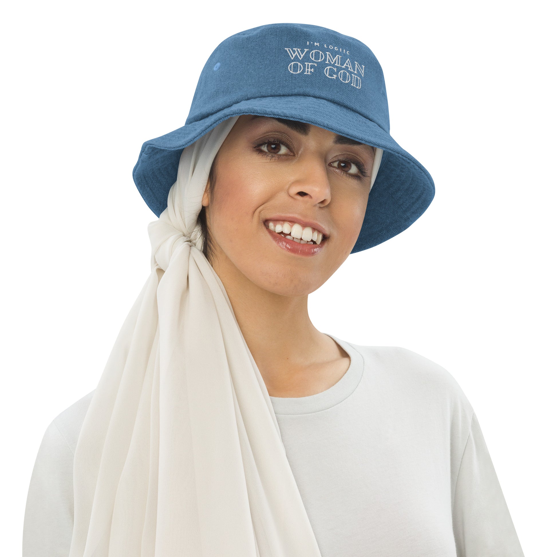 Woman of God Embroidered Denim bucket hat - Light Denim -