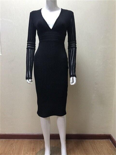 V-neck Mesh Rayon Bandage Dress - Black / L - dresses
