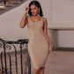 Basic Square Neck Bandage Dress - Khaki / S - dresses