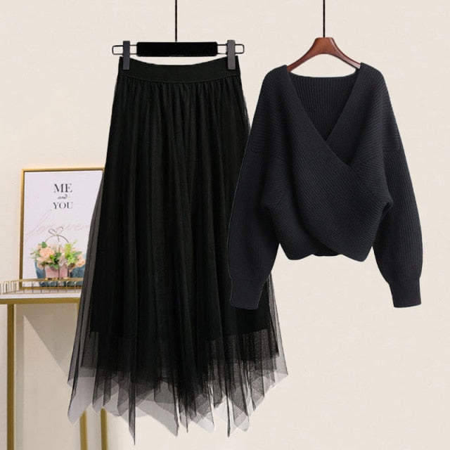 Pixie Knitted Mesh Skirt Set - Black Top Skirt / XXXL - two