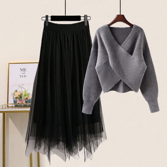 Pixie Knitted Mesh Skirt Set - Grey Top Skirt / XXL - two