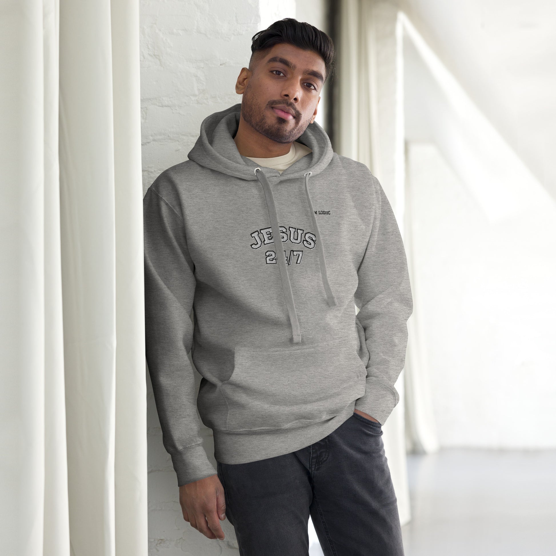 Jesus 24/7 Embroidery Unisex Hoodie - Carbon Grey / S -