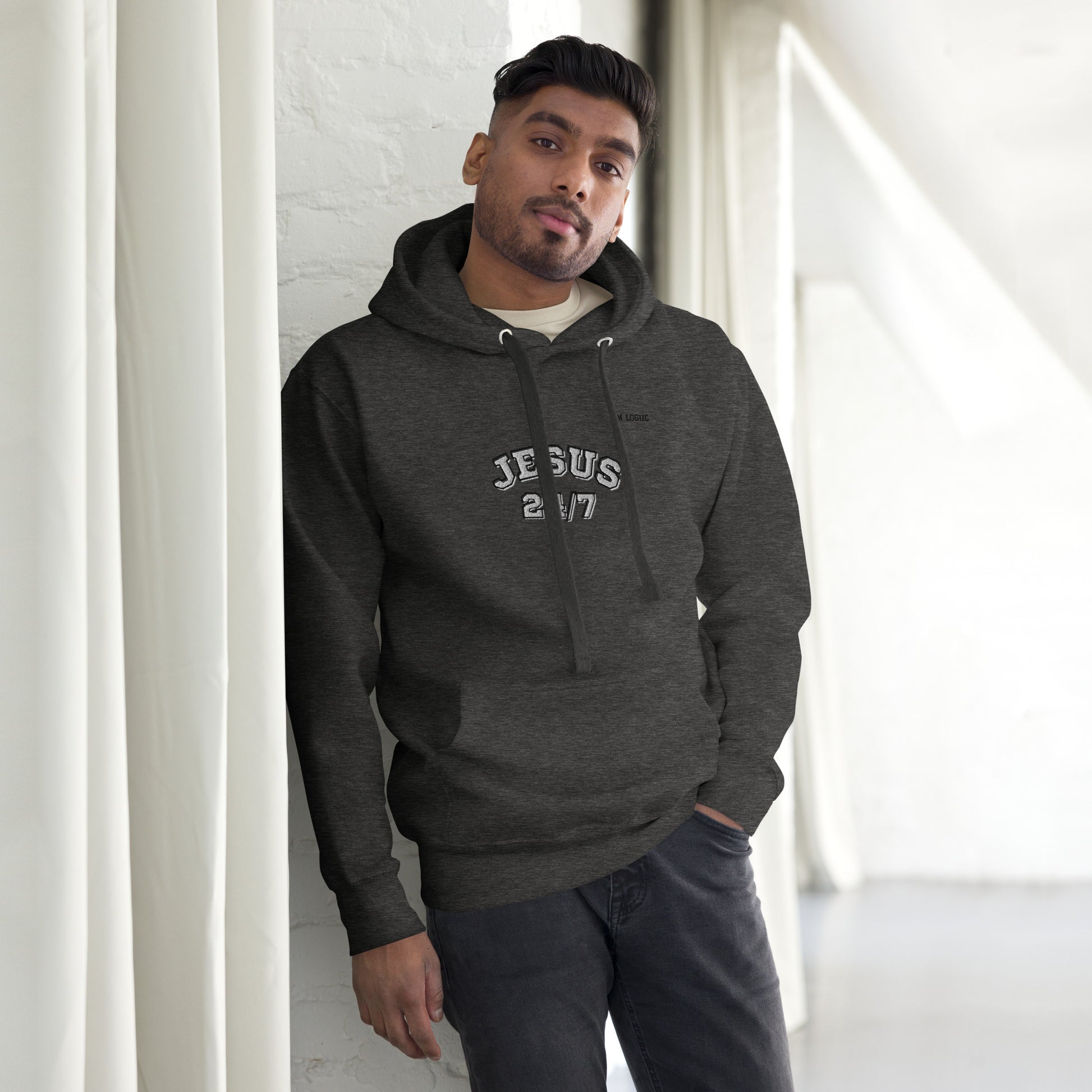 Jesus 24/7 Embroidery Unisex Hoodie - Charcoal Heather / S -