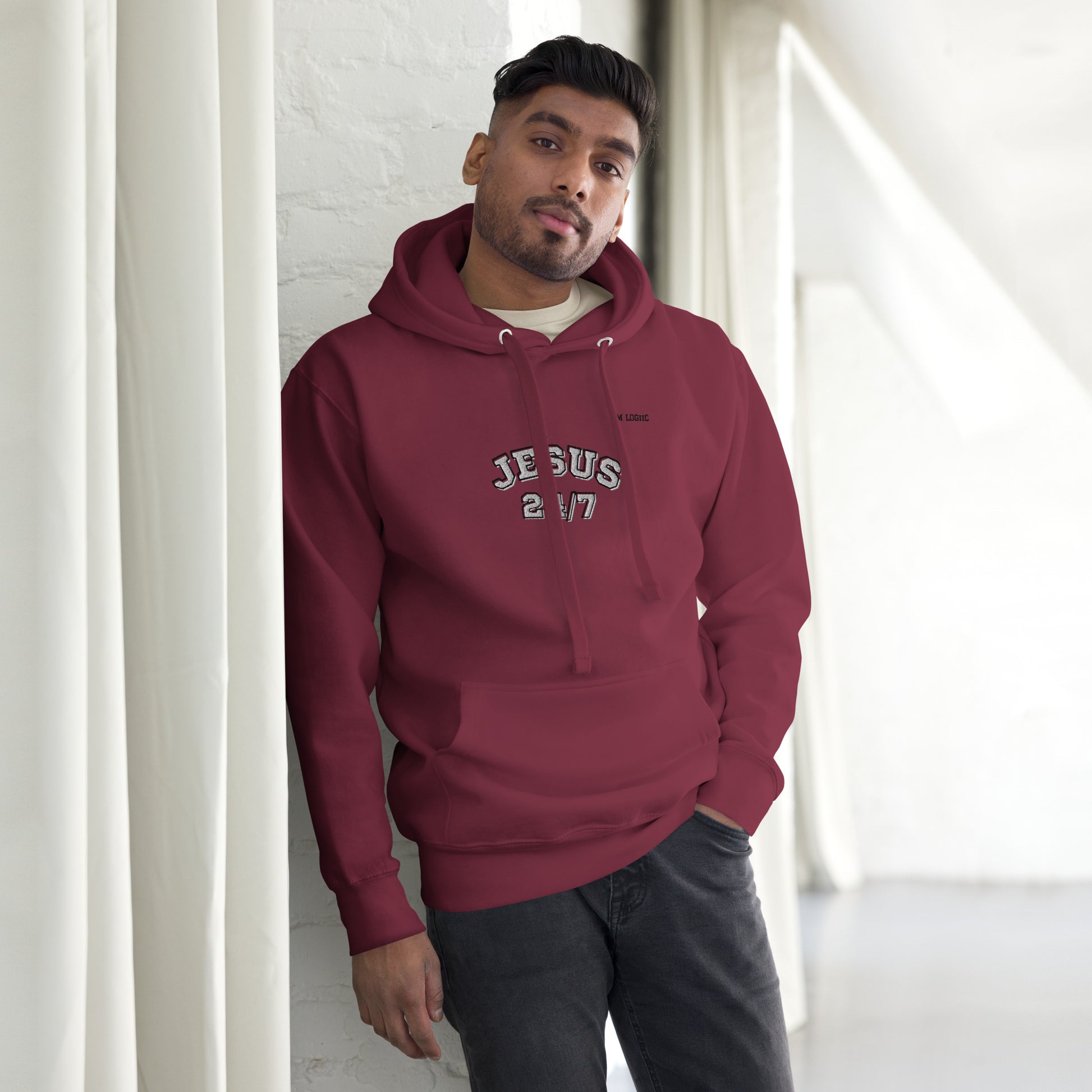 Jesus 24/7 Embroidery Unisex Hoodie - Maroon / S - Shirts &