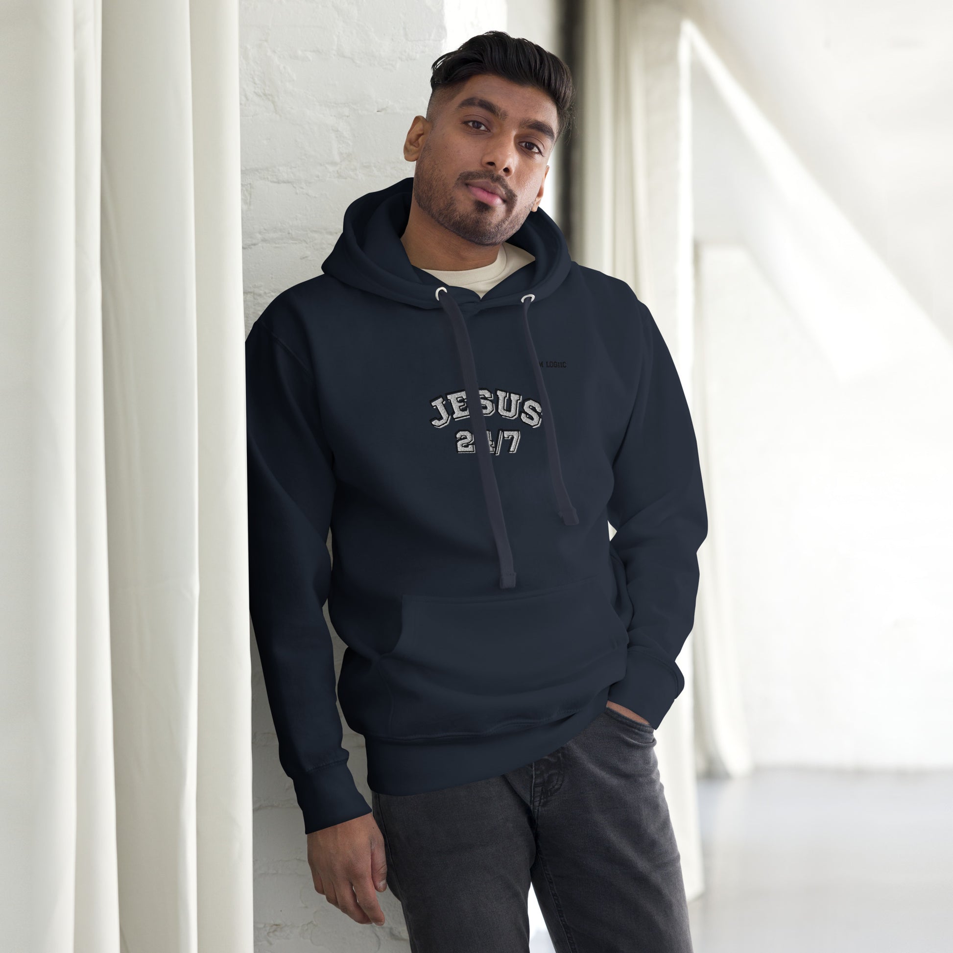 Jesus 24/7 Embroidery Unisex Hoodie - Navy Blazer / S -