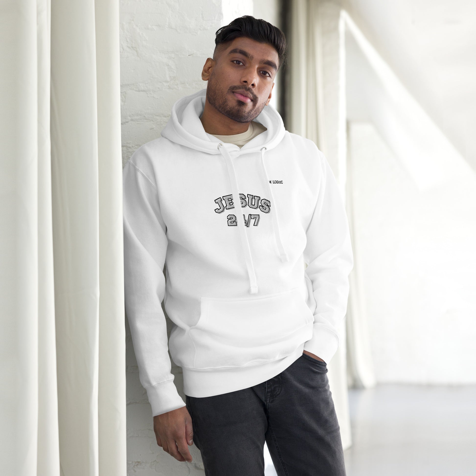 Jesus 24/7 Embroidery Unisex Hoodie - White / S - Shirts &